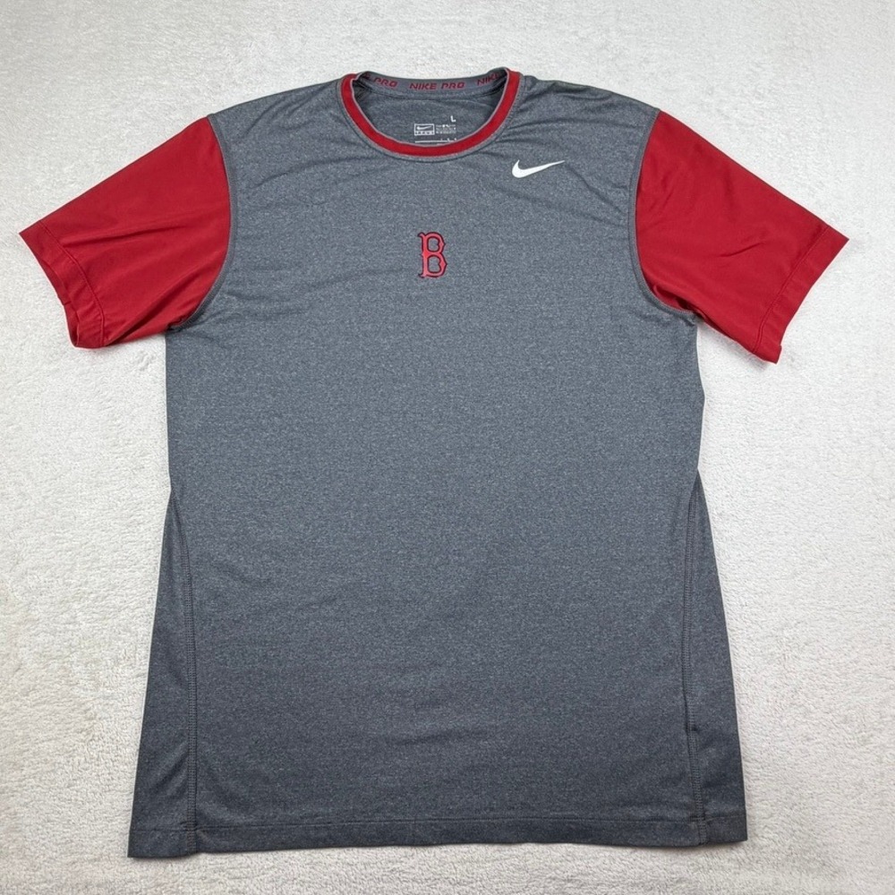 Nike Pro Boston Red Sox MLB Training Shirt Mens Large Gray Red Fit Dry Tee